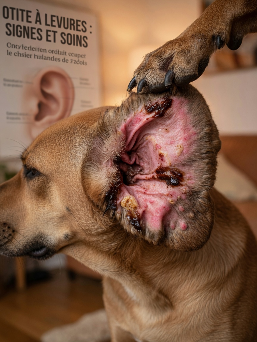 Dog ear showing dark brown yeasty discharge and inflammation from Malassezia infection