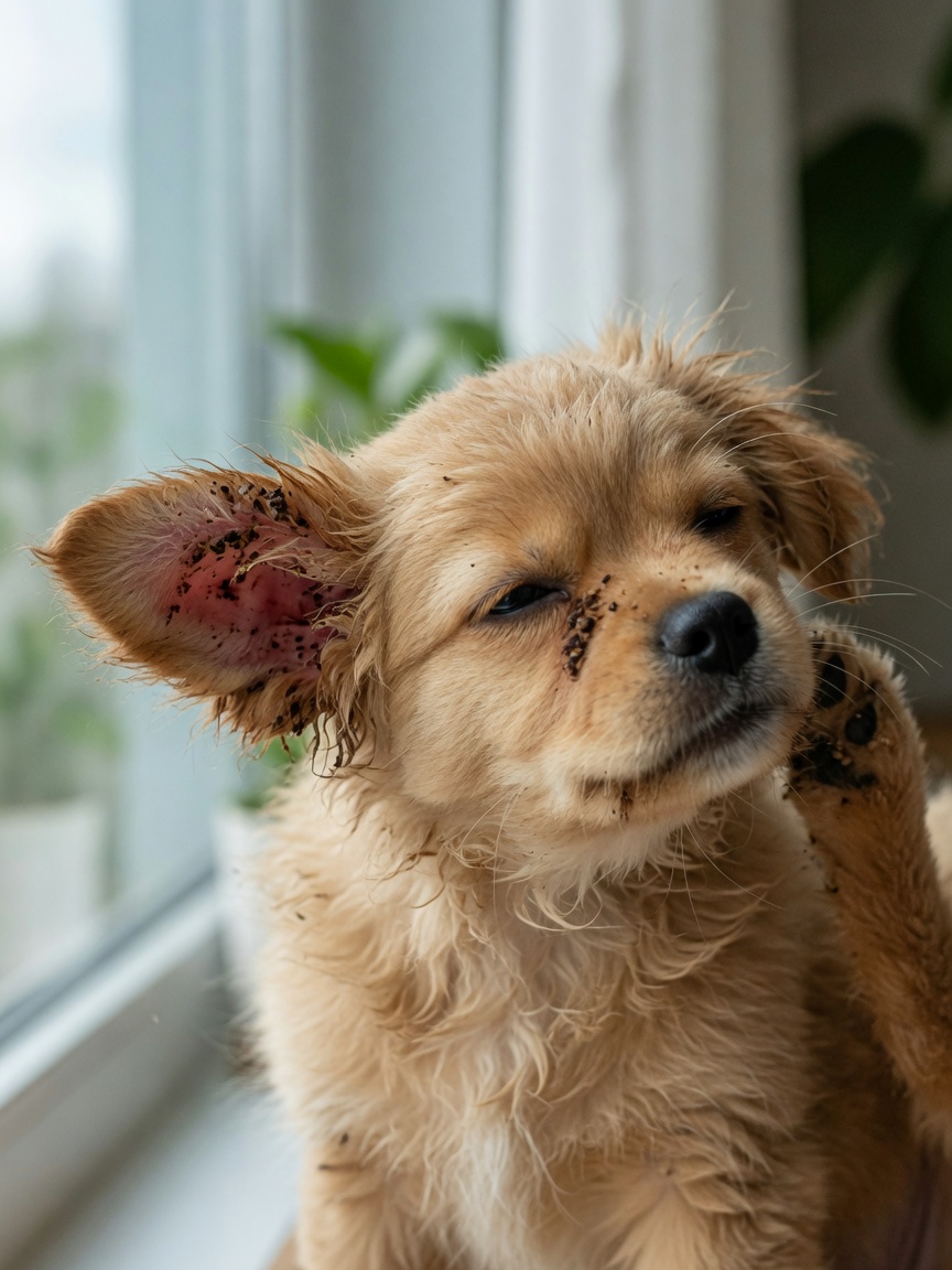 Puppy scratching ears and shaking head due to ear mite infestation with characteristic coffee-ground discharge
