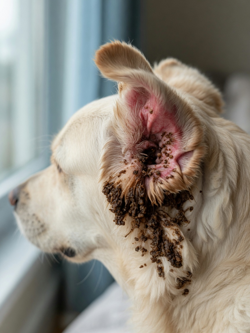 Close-up view of Malassezia yeast infection in dog ear showing dark waxy discharge and inflammation