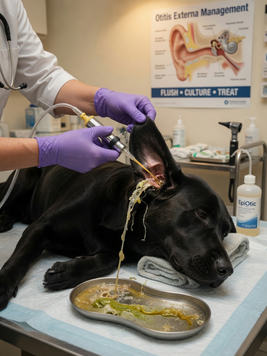 Veterinarian performing therapeutic ear canal flushing procedure on Labrador Retriever to treat bacterial infection