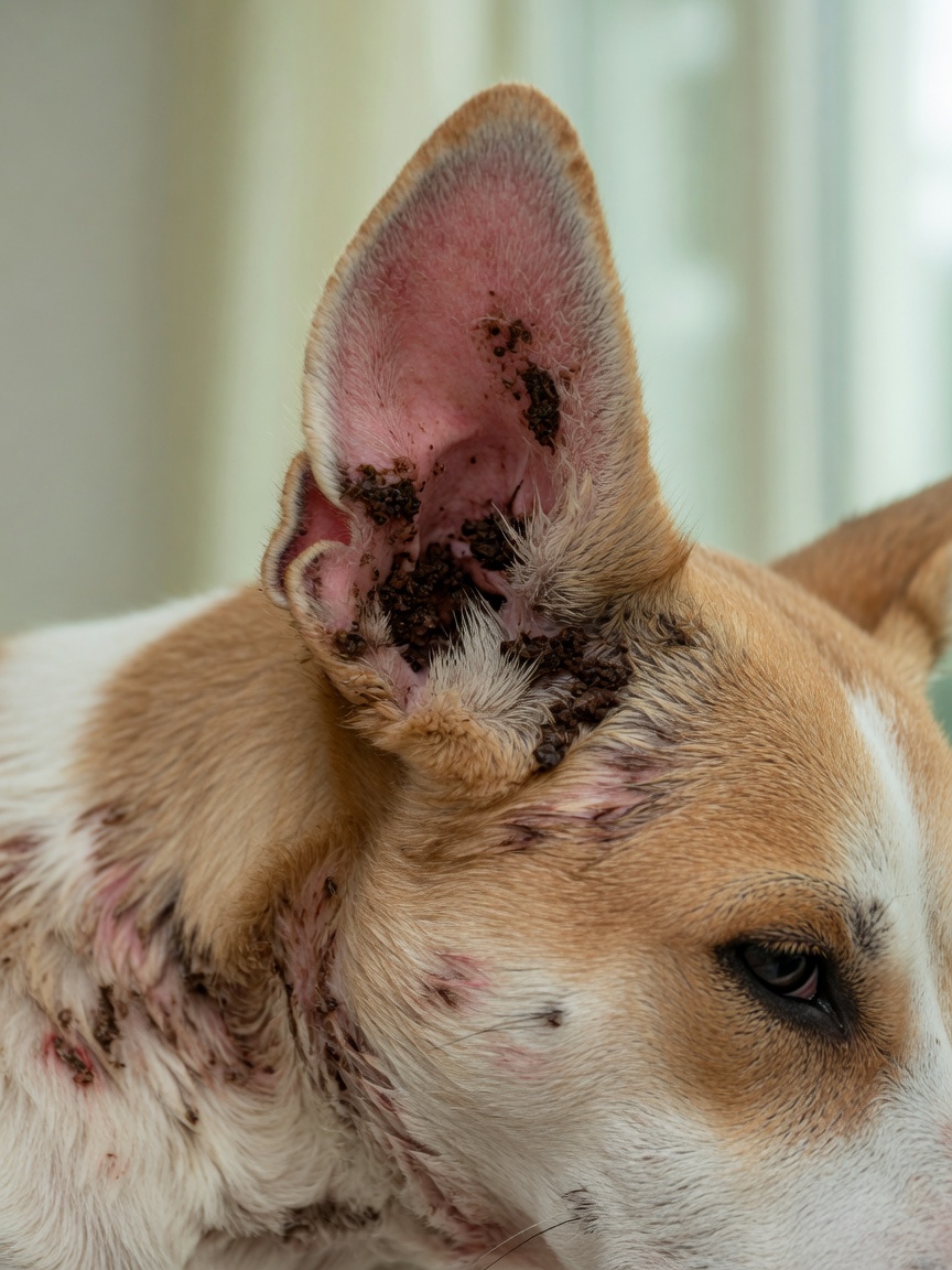 Close-up of dog's ear showing redness, inflammation, and dark discharge from ear mite infestation