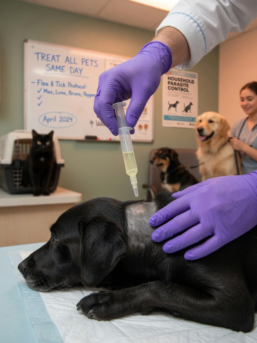 Veterinarian applying spot-on antiparasitic treatment to dog's neck while other household pets wait in background