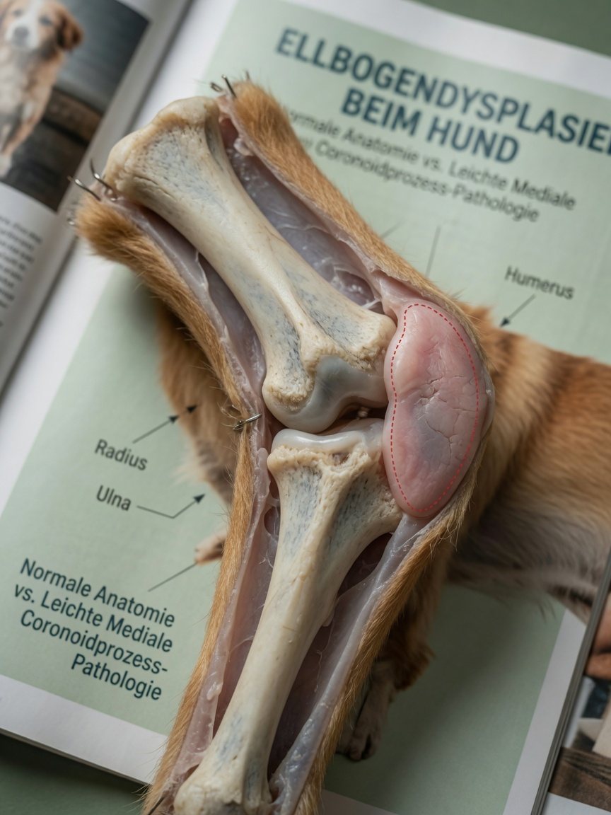 Anatomical view of dog elbow joint showing humerus, radius, and ulna bones