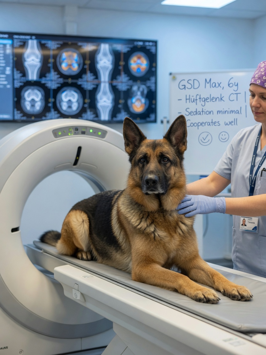 German Shepherd Dog undergoing CT imaging of elbow joint in veterinary clinic