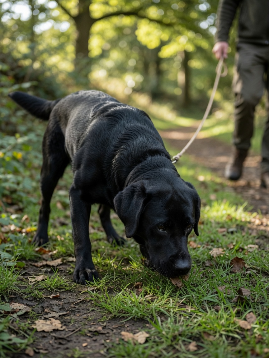 Black Labrador intensely sniffing grass and earth during a decompression walk
