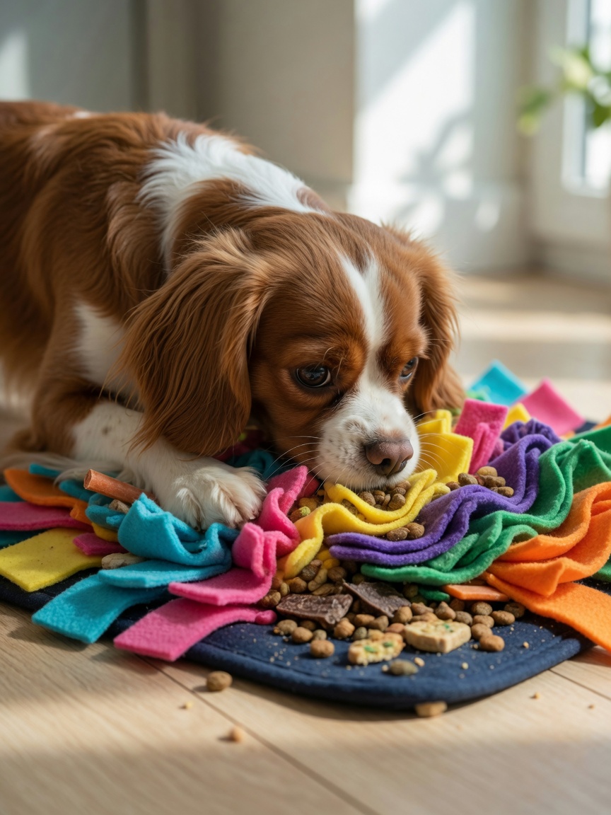 Spaniel using nose to forage through a snuffle mat with hidden kibble and treats