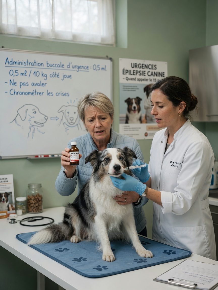 Veterinarian instructing dog owner on administering rescue medication to Border Collie for seizure emergency