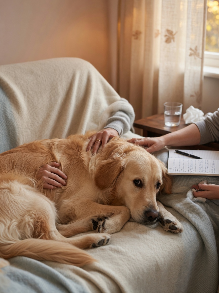 Owner comforting Golden Retriever during post-ictal phase with seizure diary nearby for documentation