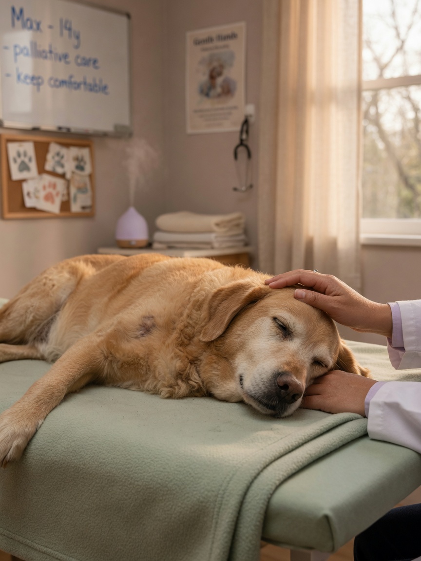 Elderly dog lying peacefully on examination table with veterinarian's hand gently stroking them in warm, compassionate lighting