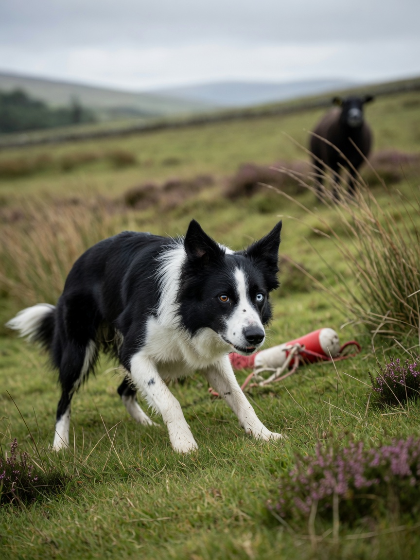 An energetic black and white Border Collie in focused herding posture on a hillside, displaying intense intelligence and concentration.