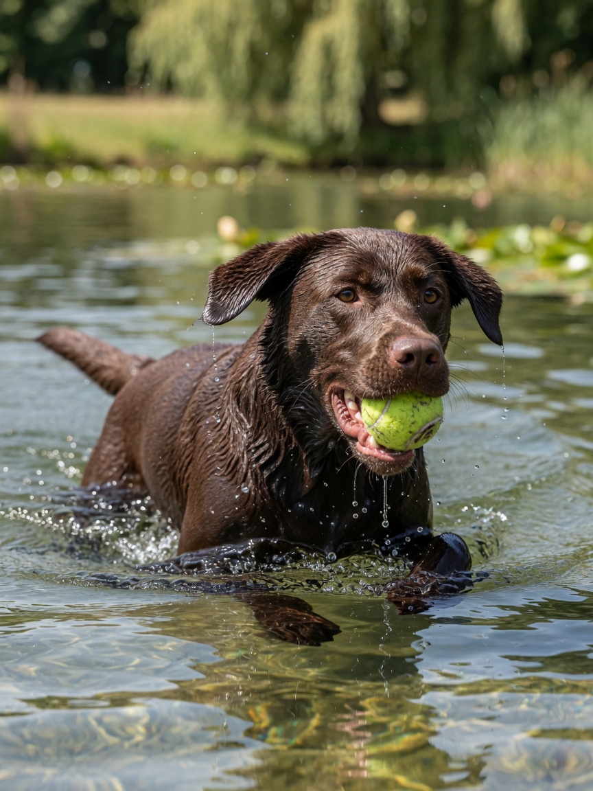 A chocolate-brown Labrador Retriever swimming with a tennis ball in its mouth, showing natural joy and retrieve instinct in water.