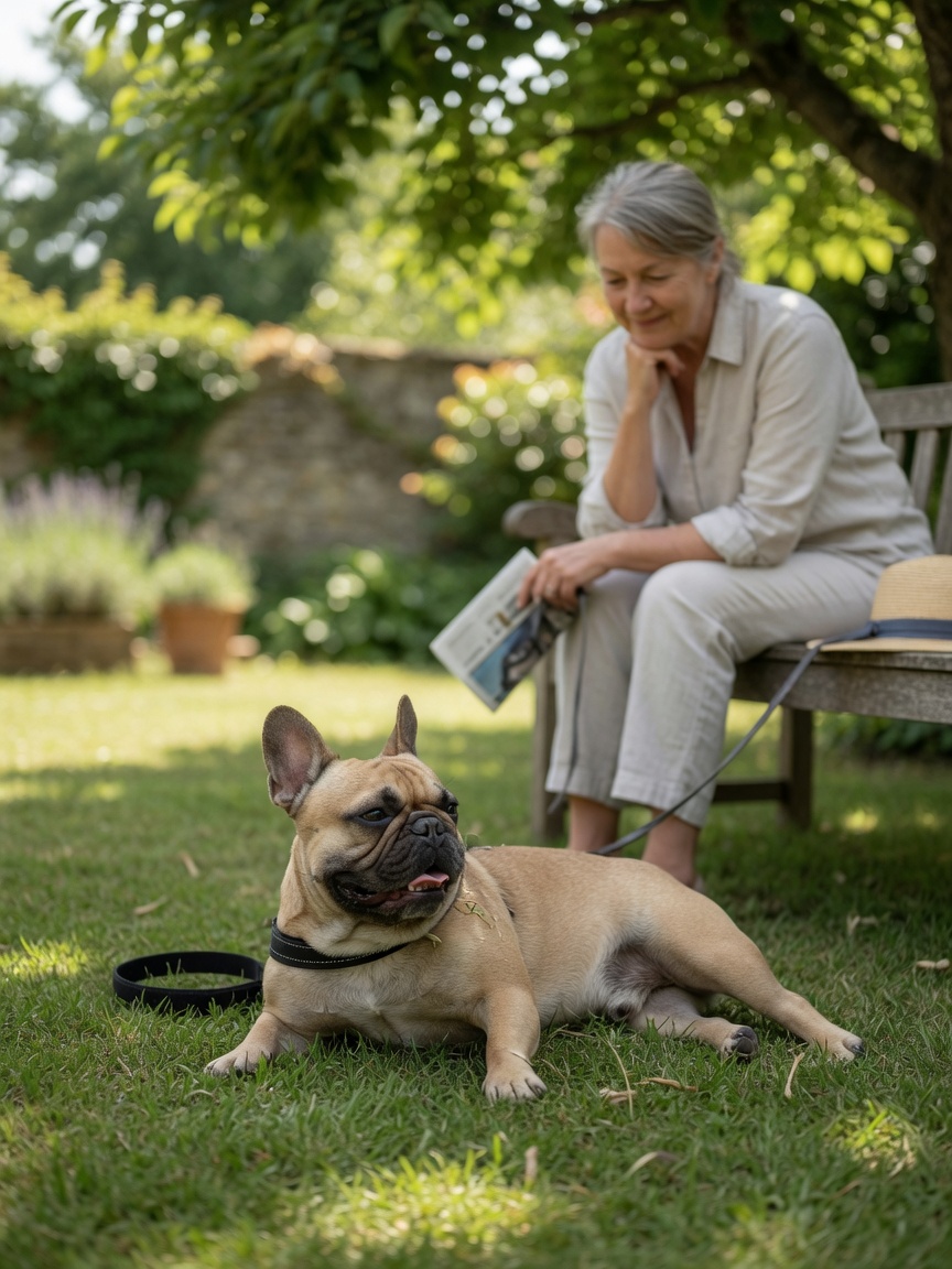Fawn French Bulldog resting in shade on grass with owner seated nearby, demonstrating appropriate rest after gentle exercise