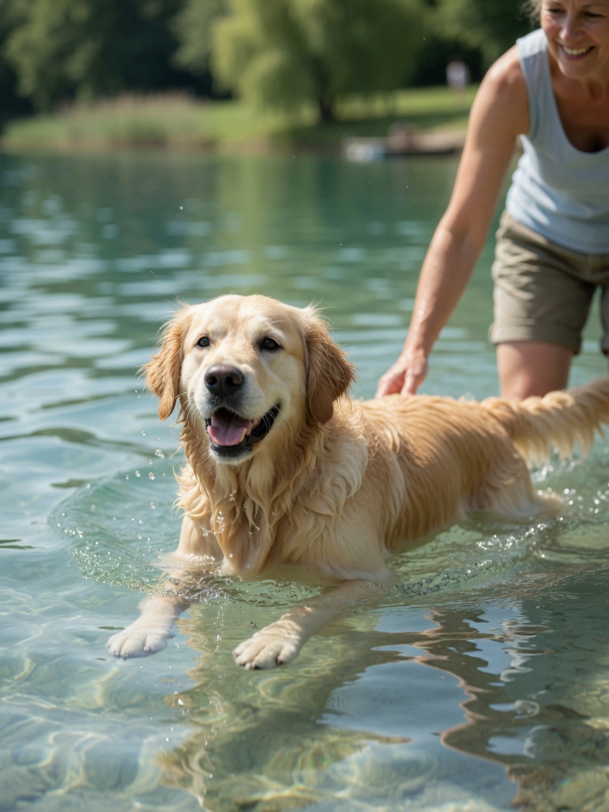 Golden Retriever swimming in water with owner wading alongside, demonstrating low-impact full-body exercise in clear lake water