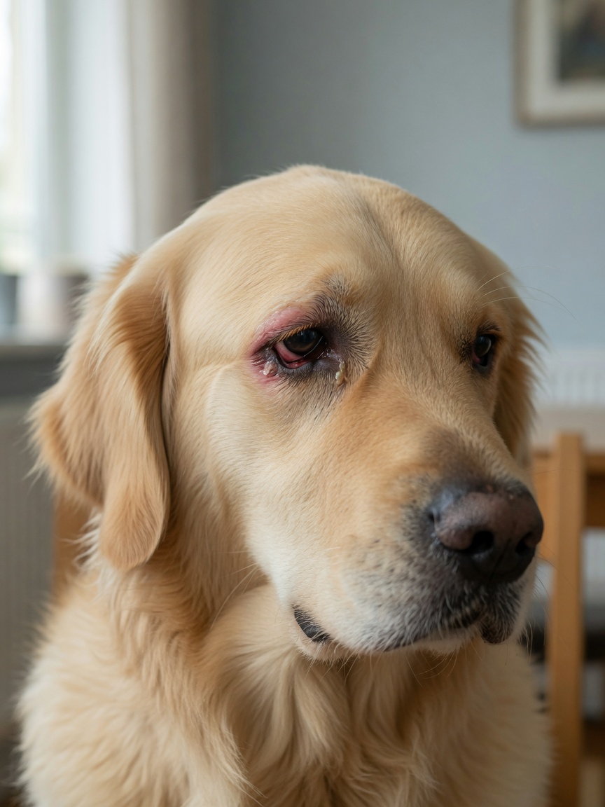 Golden Retriever showing signs of conjunctivitis with redness and eye discharge