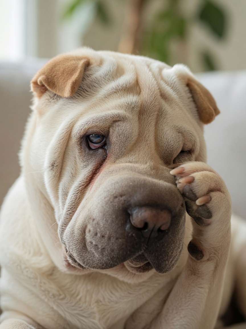 Shar Pei showing signs of corneal ulcer with squinting and paw raised toward affected eye