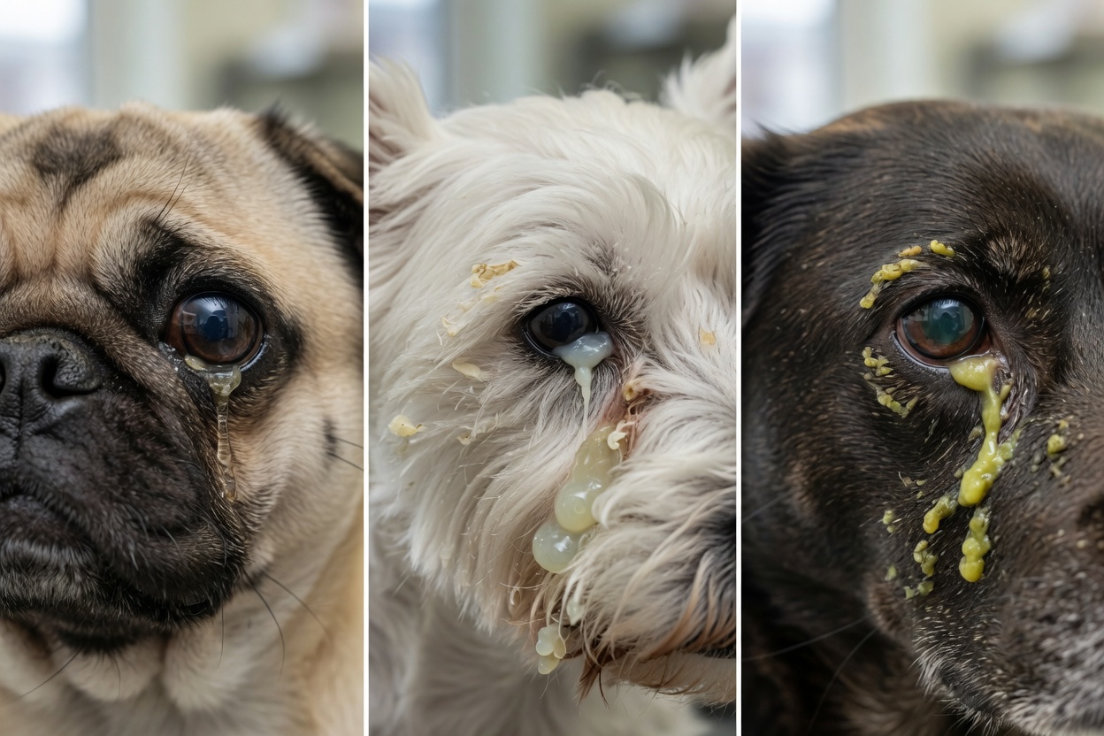 Comparison of three different types of dog eye discharge: clear watery, white mucoid, and yellow-green purulent