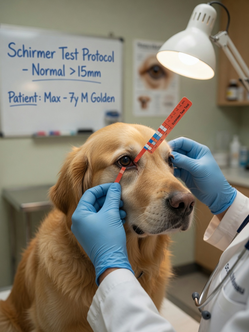 Veterinarian performing a Schirmer Tear Test with filter paper strip on a dog's eye to measure tear production