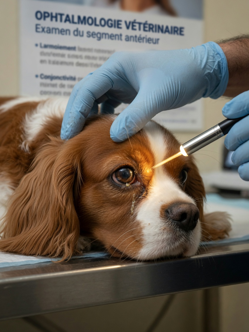 Veterinarian examining a Cavalier King Charles Spaniel's eye with penlight during ophthalmology exam