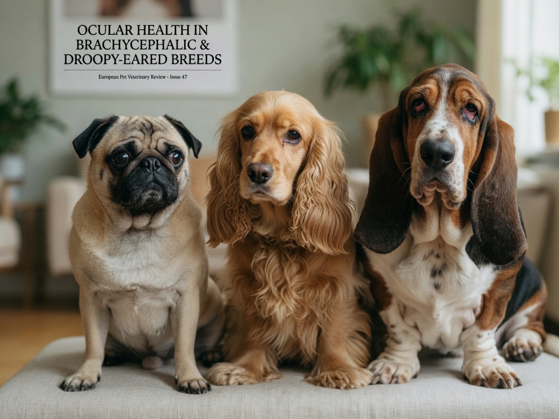 Group of three dog breeds predisposed to eye problems: Pug, Cocker Spaniel, and Basset Hound