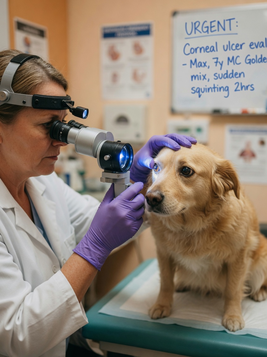 Oftalmologo veterinario che esamina l'occhio di un cane con attrezzature diagnostiche specializzate durante l'assistenza d'emergenza oculare