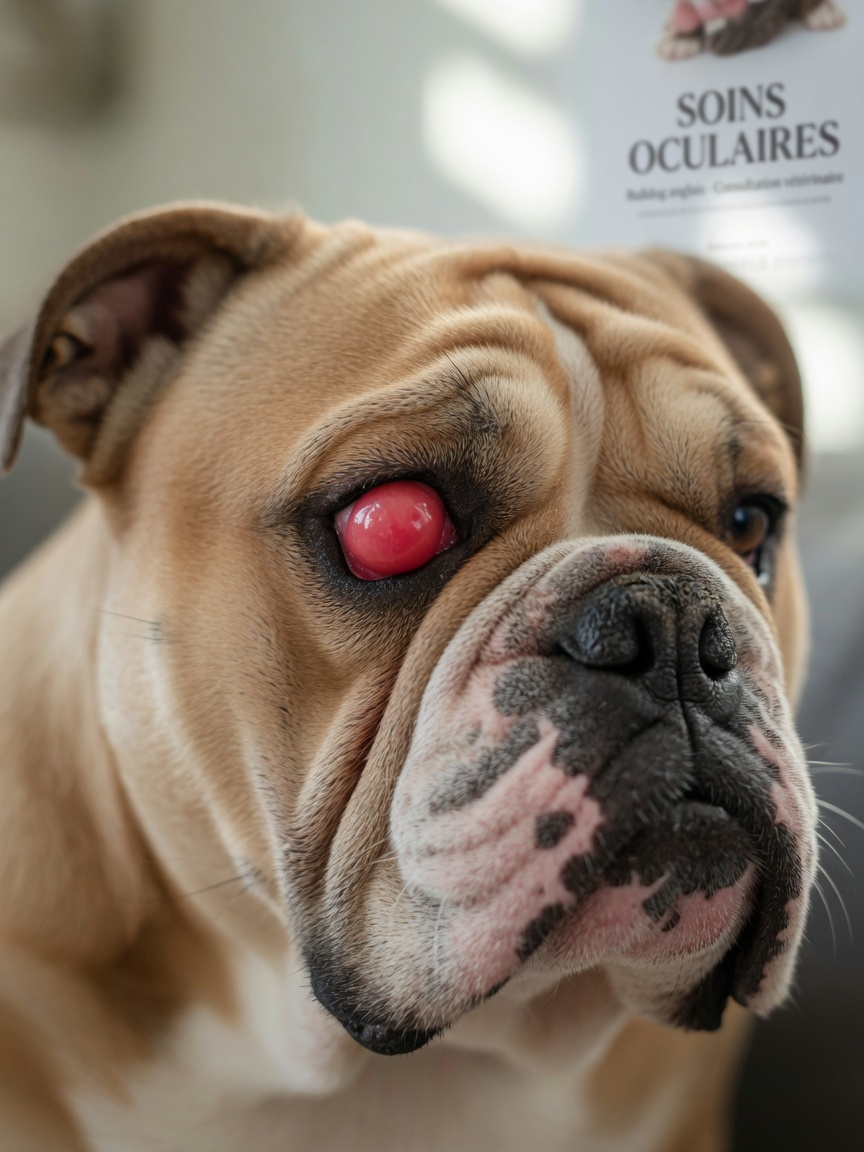 Close-up of a Bulldog's eye showing the pink prolapsed third eyelid gland characteristic of cherry eye condition