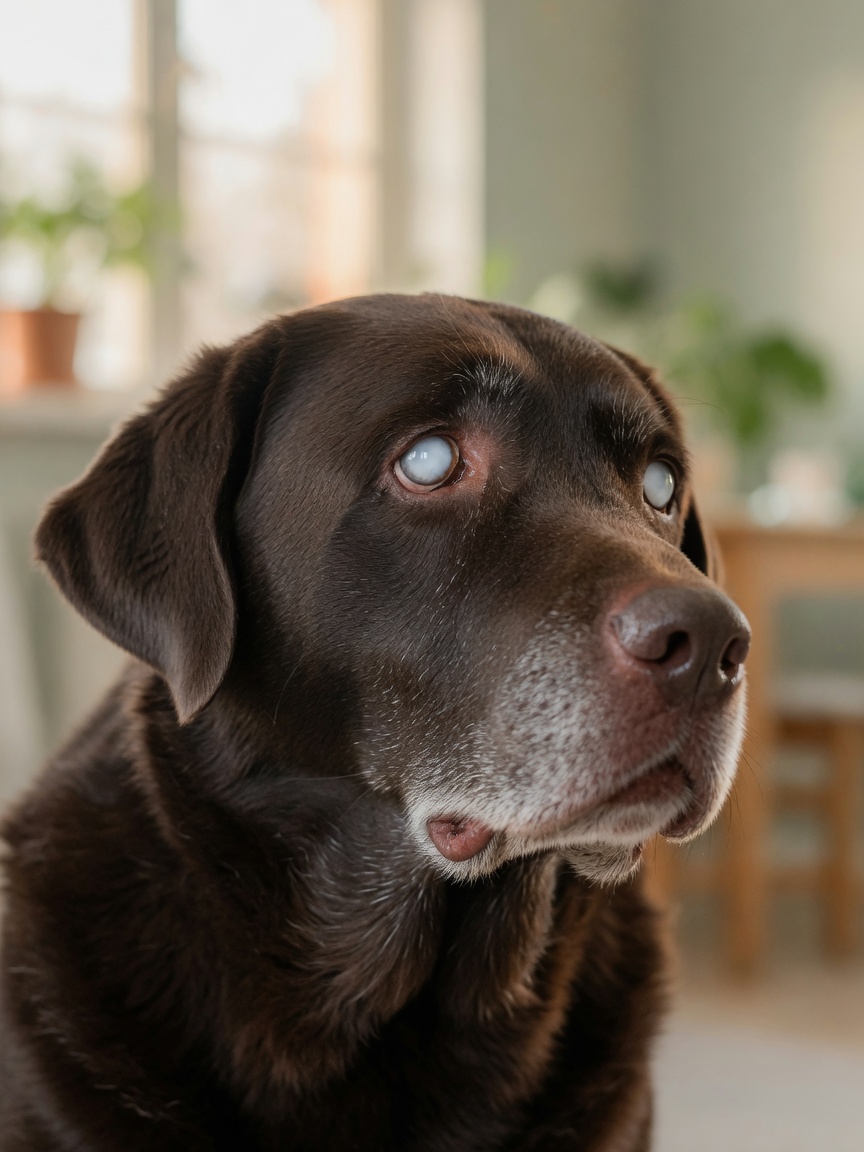 Close-up of a senior Labrador Retriever's face showing cloudy cataracts in both eyes