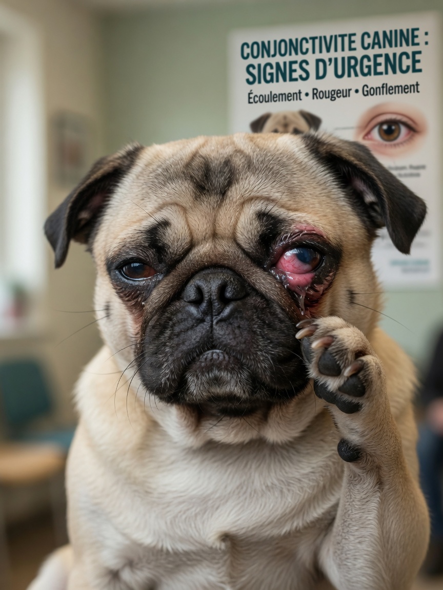 A fawn Pug with watery, inflamed eye squinting and pawing at its face showing pain and discomfort
