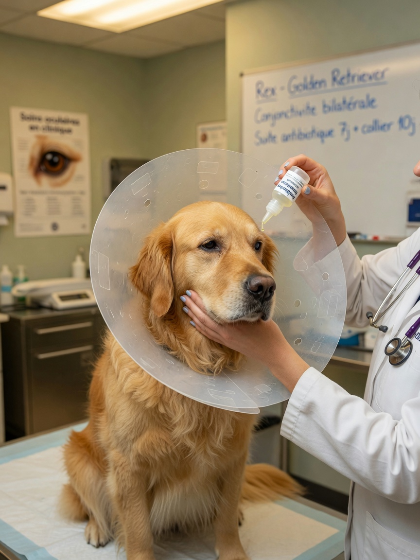Veterinarian administering antibiotic eye drops to a Golden Retriever wearing an Elizabethan collar during eye ulcer treatment