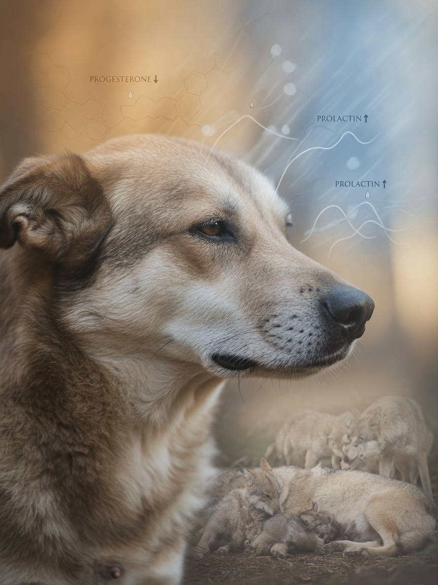 Female dog showing hormonal changes related to false pregnancy, with subtle visual elements representing progesterone and prolactin fluctuations