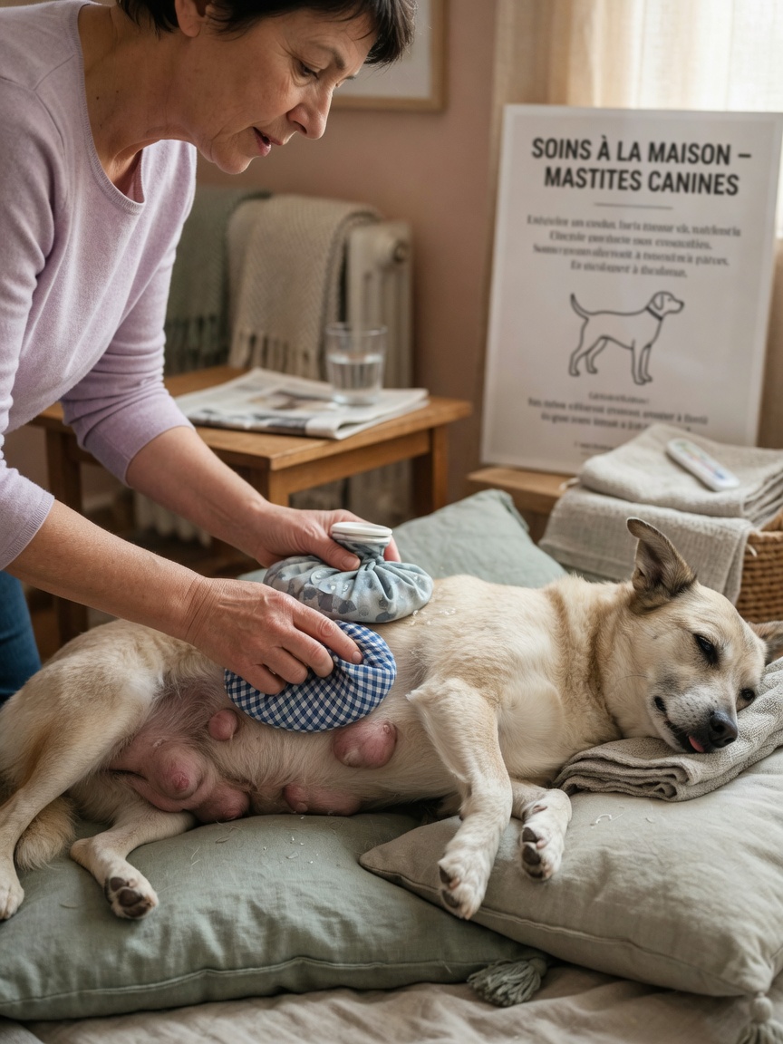 Owner applying cool compress to dog's mammary glands for comfort during false pregnancy at home