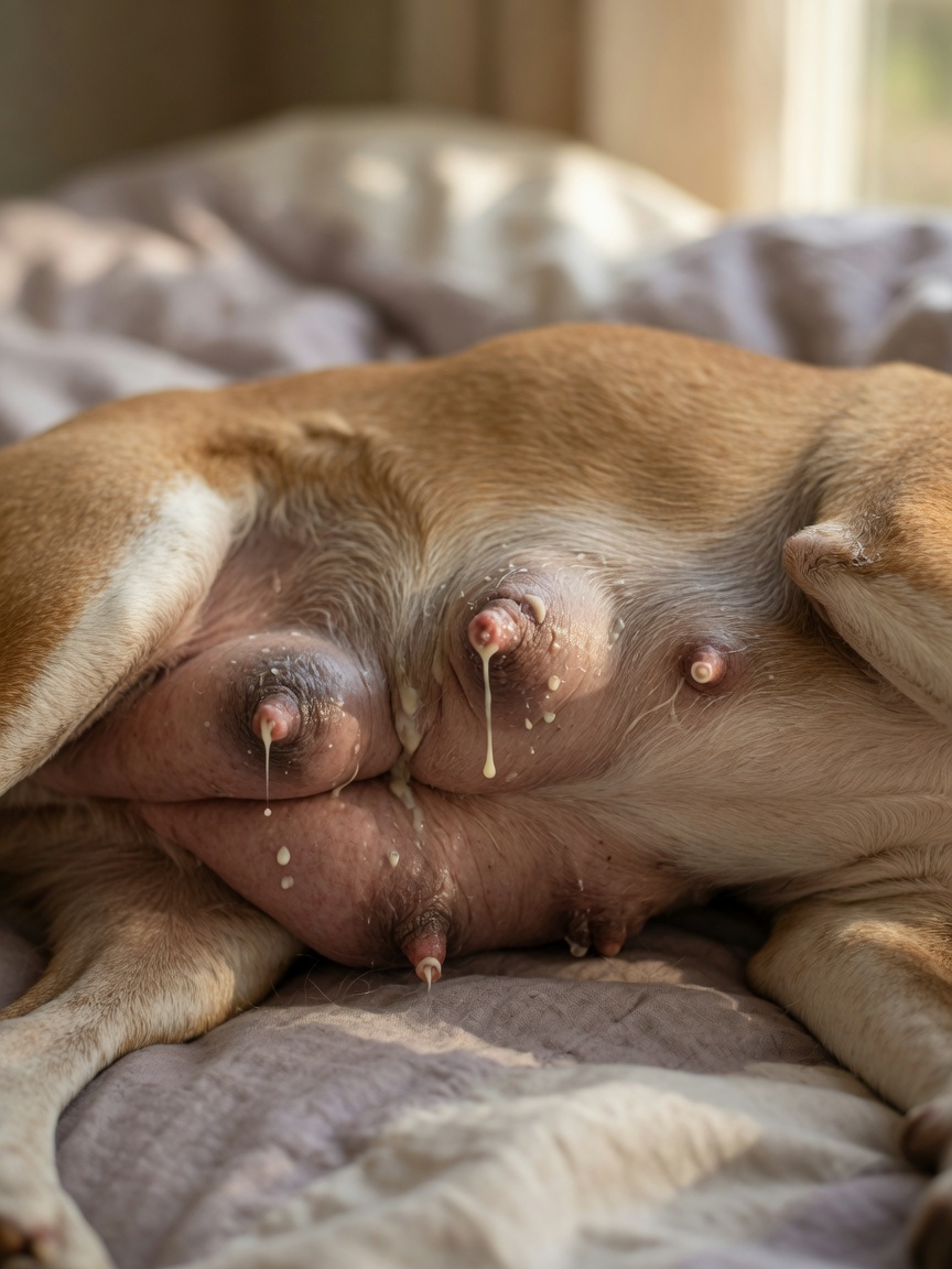 Nahaufnahme geschwollener Milchdrüsen und Zitzen mit Milchfluss während der Scheinträchtigkeit bei Hunden