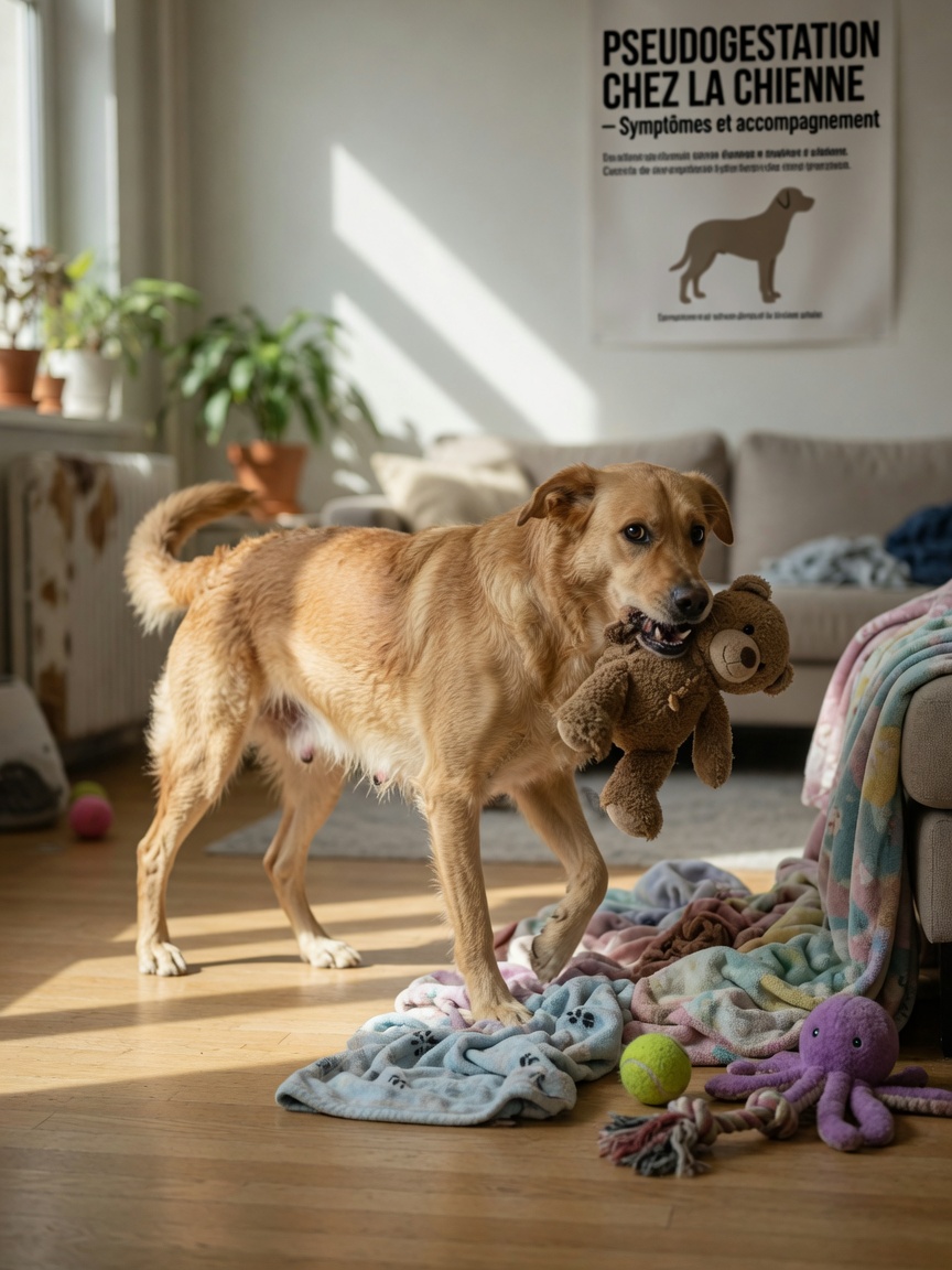 Ängstlicher Hund während Scheinträchtigkeit, trägt Kuscheltier als Ersatz-Welpe, zeigt Nestbau und mütterliche Angst