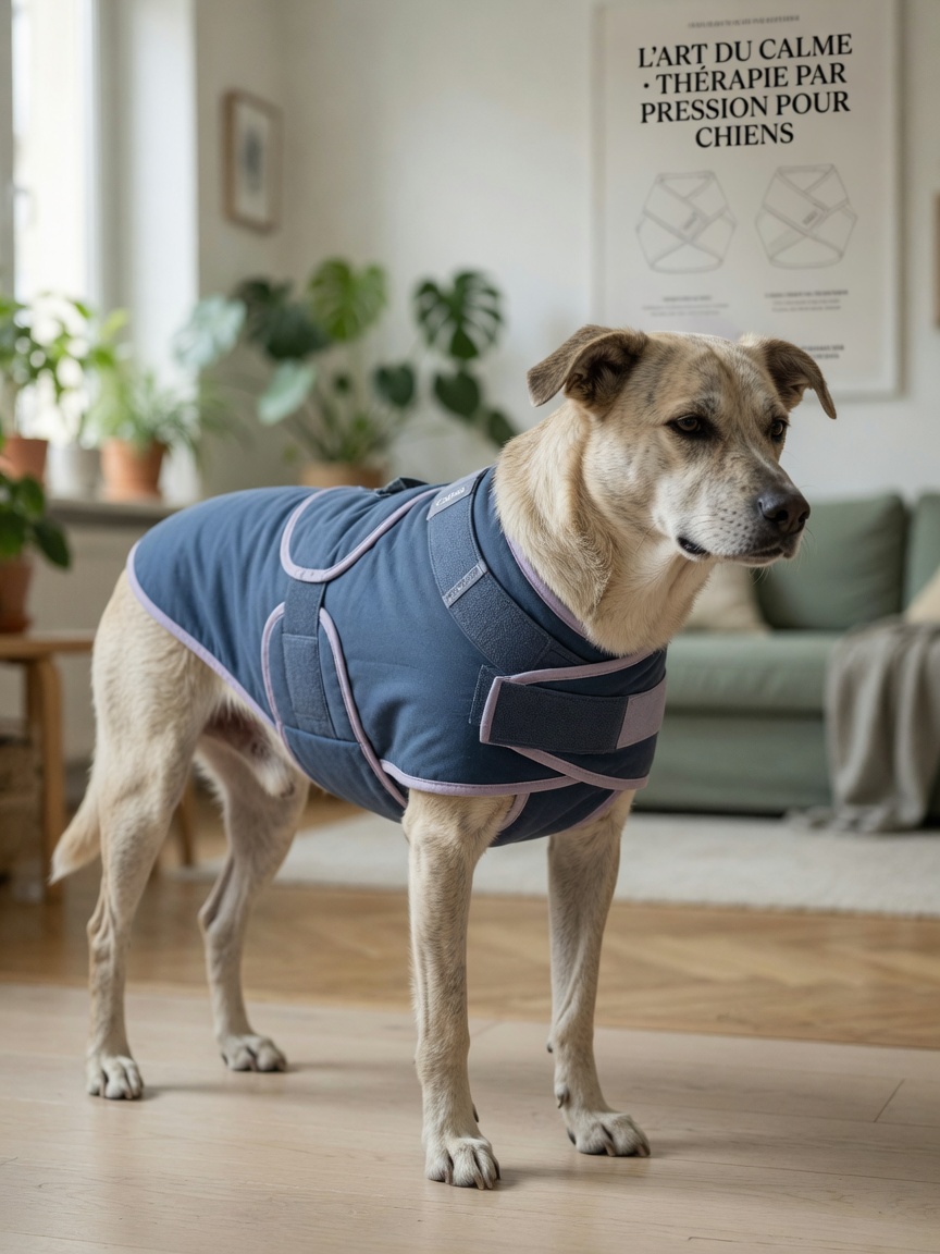 Dog wearing anxiety wrap pressure garment demonstrating calm, relaxed posture indoors