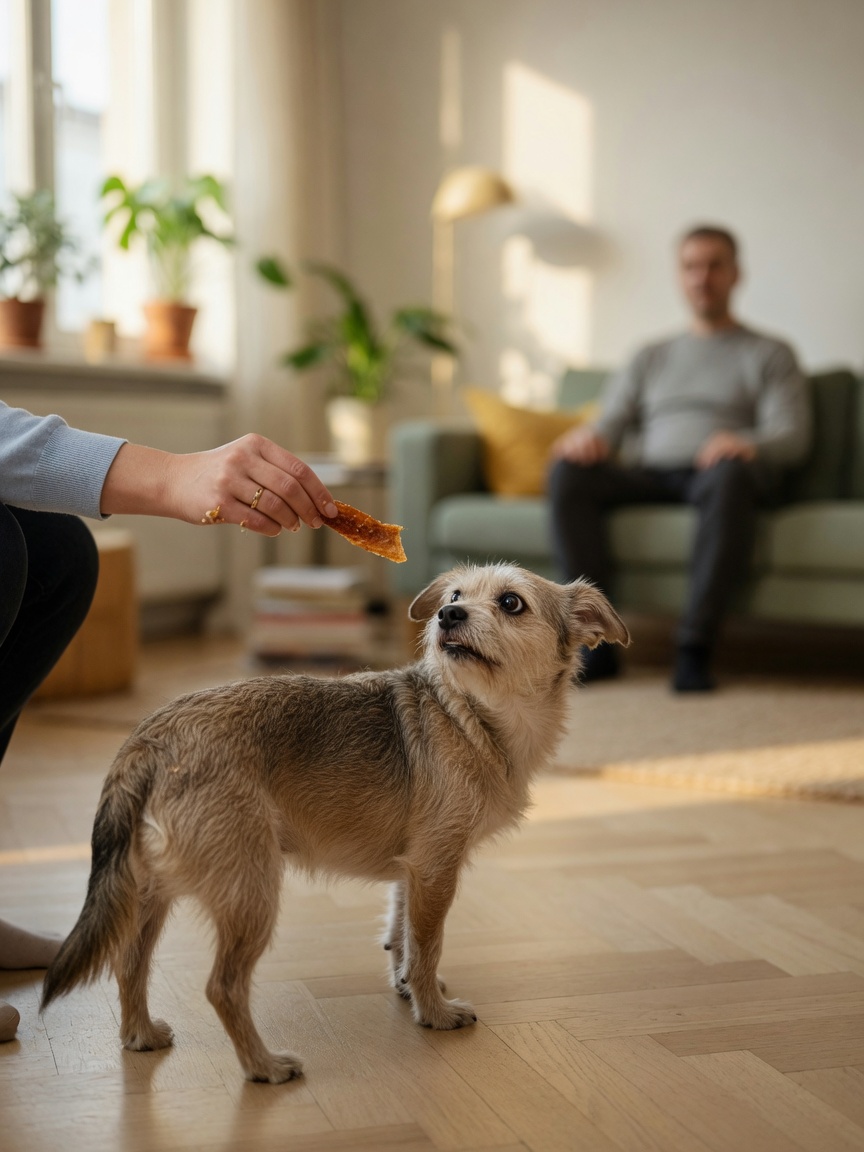 A fearful dog eating a treat offered by its owner while a stranger sits passively in the background, demonstrating counterconditioning and positive association with unfamiliar people
