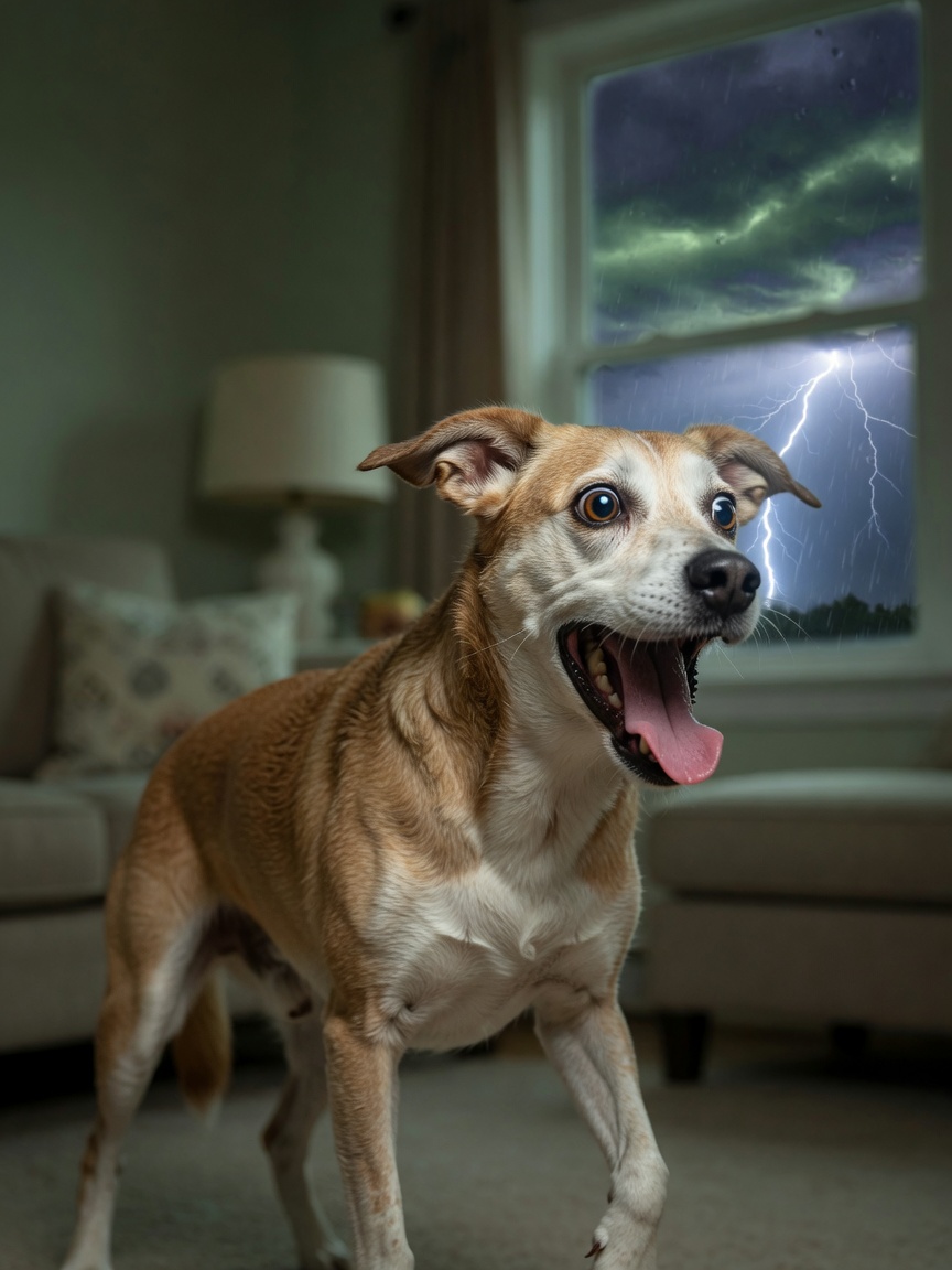 A panting, anxious dog with flattened ears and dilated eyes showing visible distress during a thunderstorm, experiencing multiple sensory triggers simultaneously.
