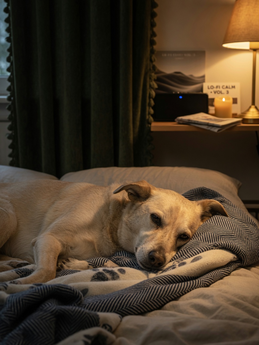 Calm dog resting on soft bedding in a darkened room with curtains closed and speaker for music visible