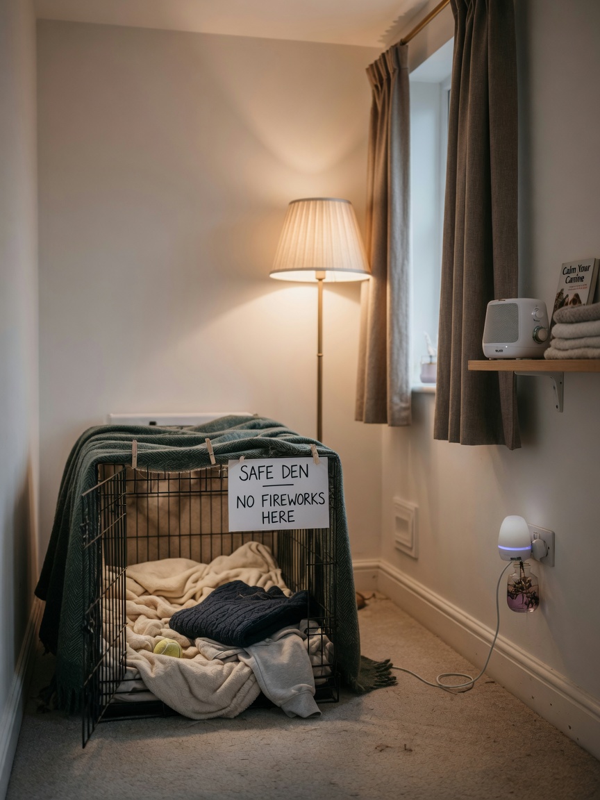 Prepared safe room with covered crate, blankets, diffuser, white noise machine, and closed curtains