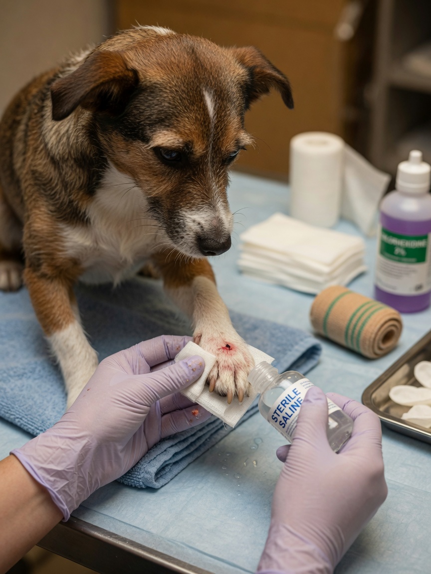 Gloved hands flushing a dog's paw wound with sterile saline solution during wound care and bandaging