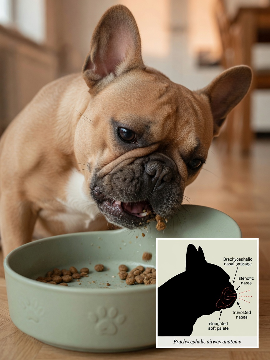 French Bulldog with flat face eating from food bowl, demonstrating aerophagia and air swallowing