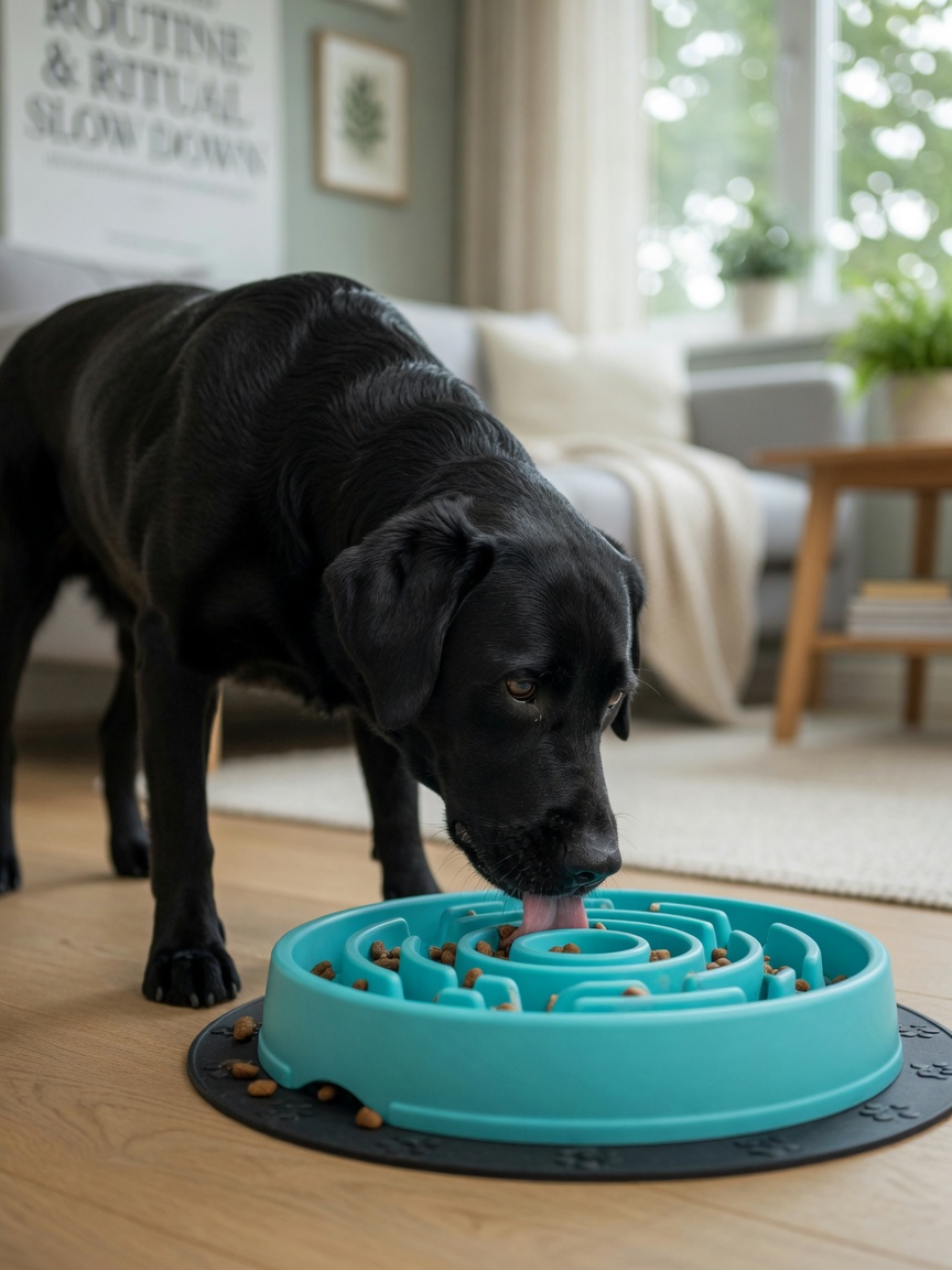 Black Labrador eating methodically from a slow feeder bowl with ridged design, demonstrating reduced air intake during feeding