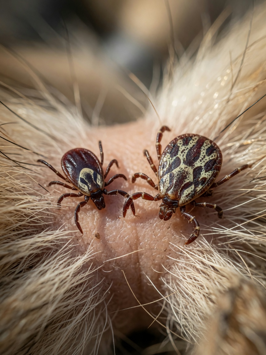 Macro photograph showing Ixodes ricinus and Dermacentor reticulatus tick species on dog fur for comparison