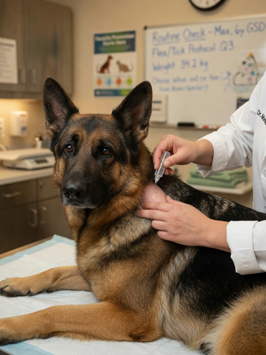 Veterinarian applying preventative flea and tick treatment to a German Shepherd's neck at a European clinic