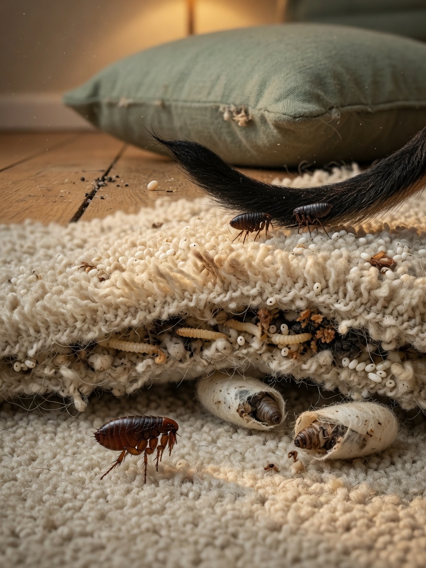 Illustration of flea life cycle stages visible in carpeting and on a dog