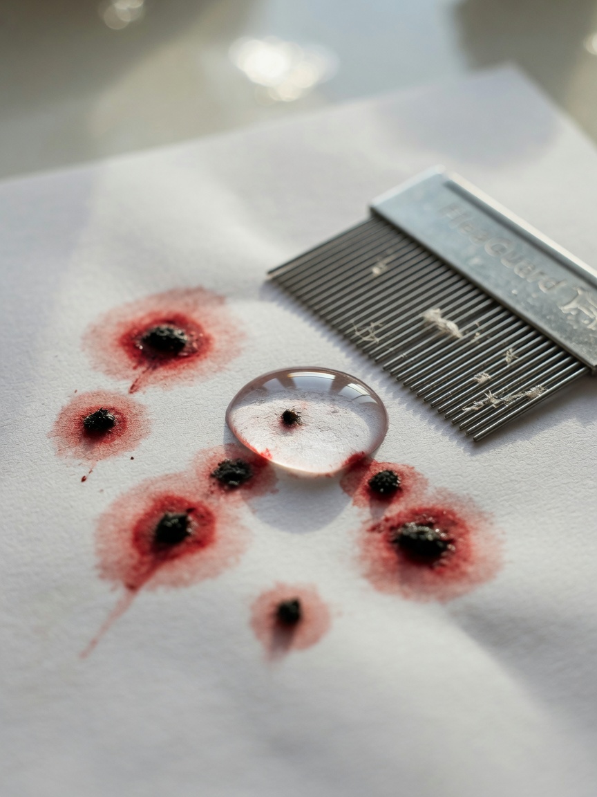 Close-up of flea dirt on white paper showing reddish-brown ring from dissolved blood