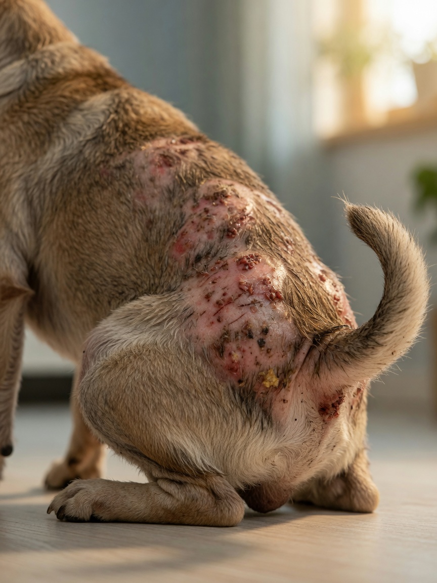 Dog showing visible hot spots and hair loss at tail base from flea allergy dermatitis