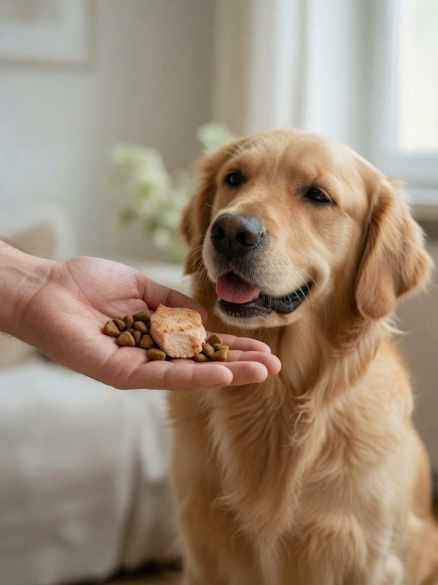 Hand feeding technique showing person's palm with kibble and chicken being offered to a relaxed, trusting dog during resource guarding training