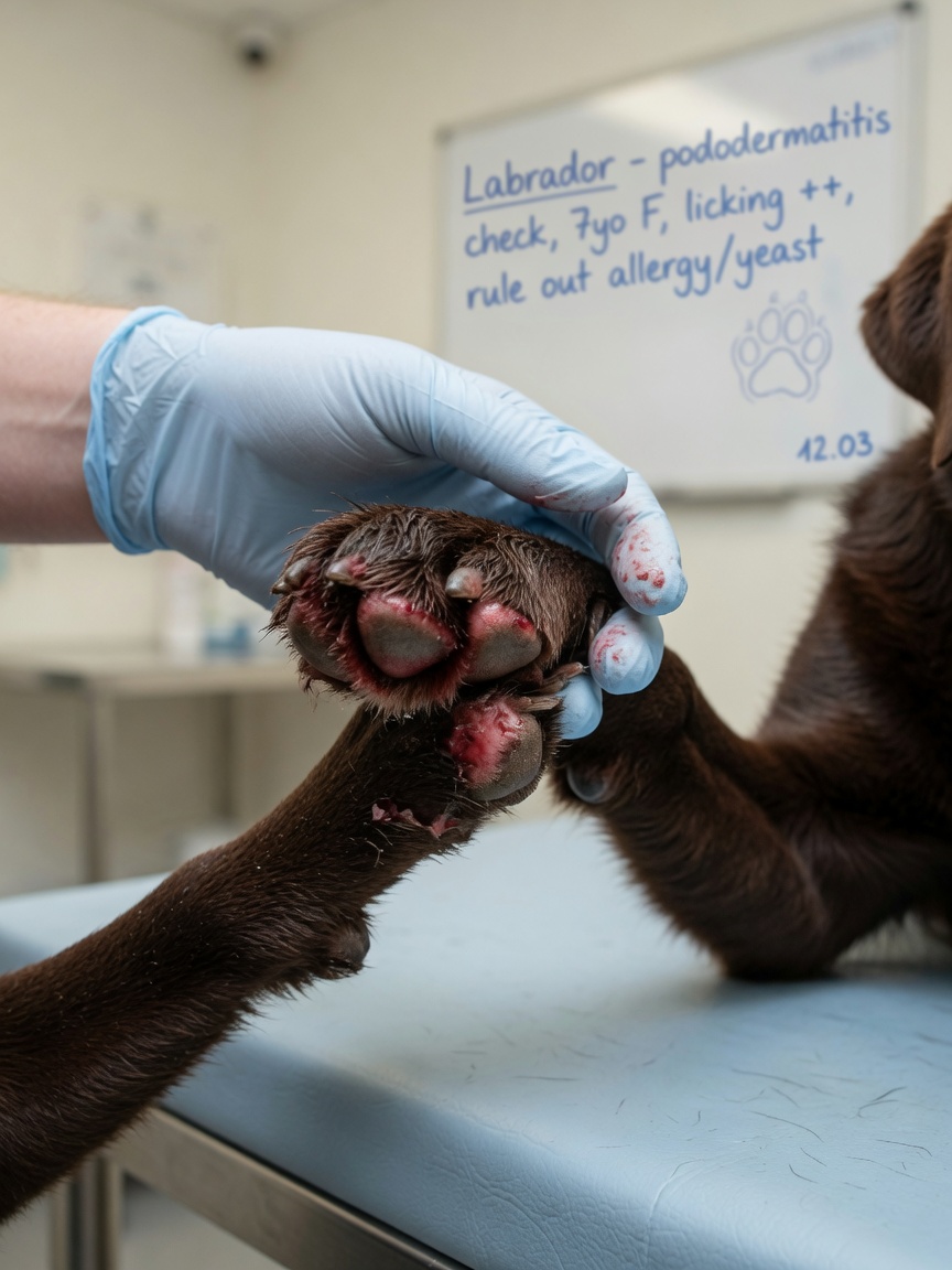 Close-up of a dog's inflamed paw with red-brown staining from excessive licking, a sign of food allergy