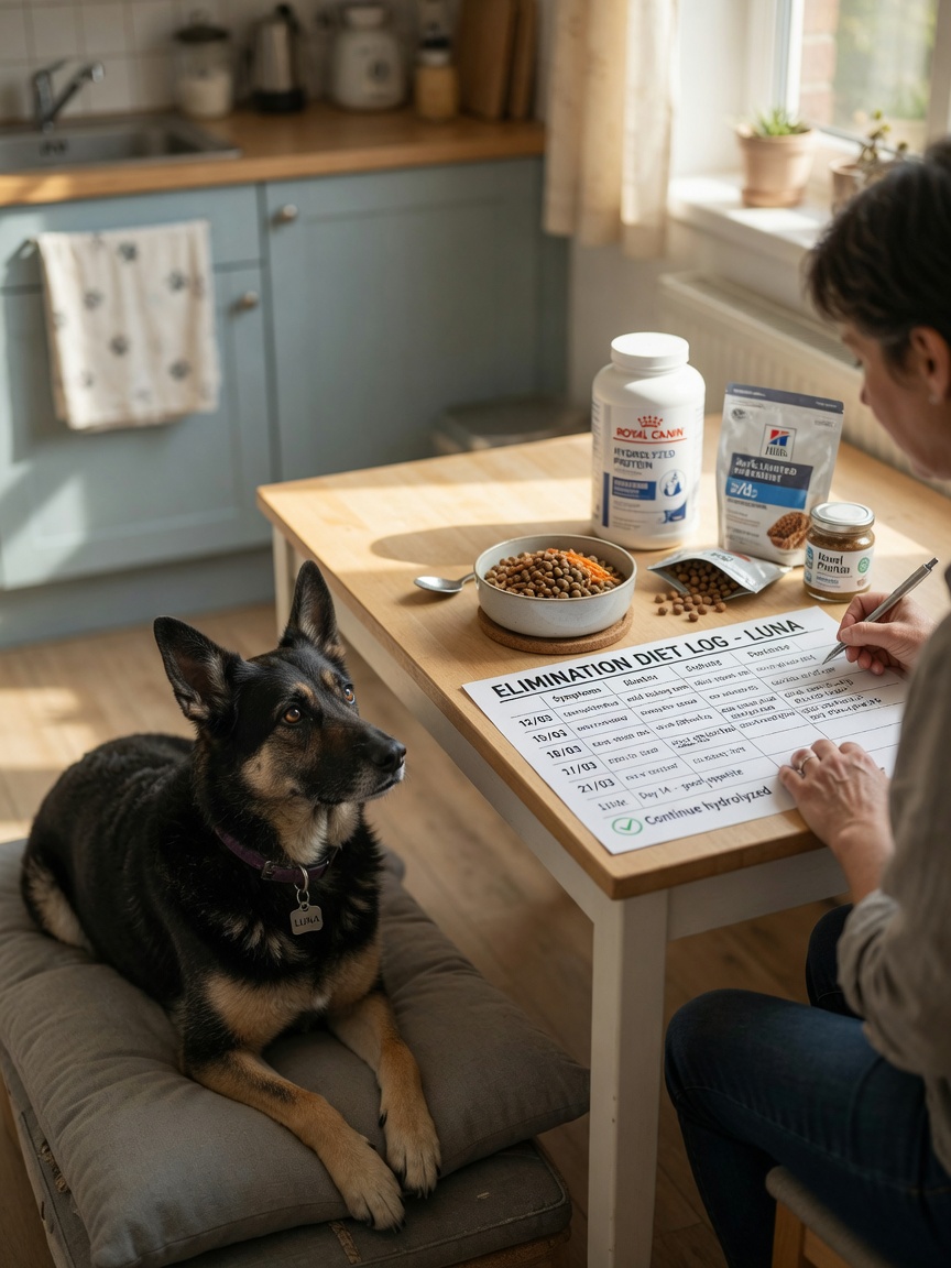 Dog owner preparing a hydrolysed protein elimination diet meal while tracking symptoms on a chart at home