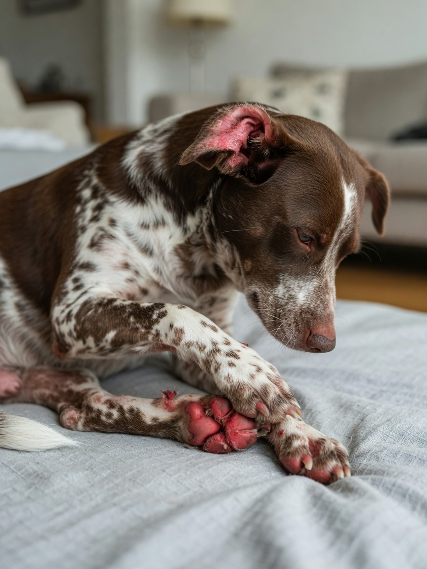 Close-up of a dog scratching its itchy paws and ears, showing red irritated skin characteristic of food allergies