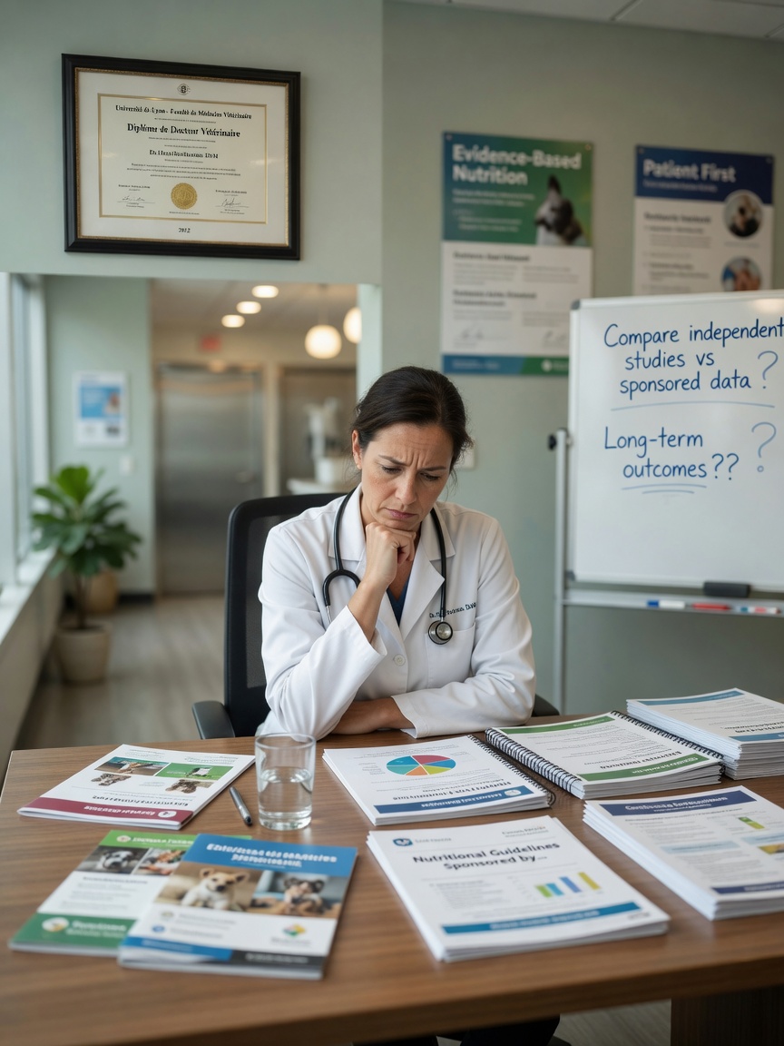 Veterinarian at desk reviewing industry materials and educational documents with thoughtful expression